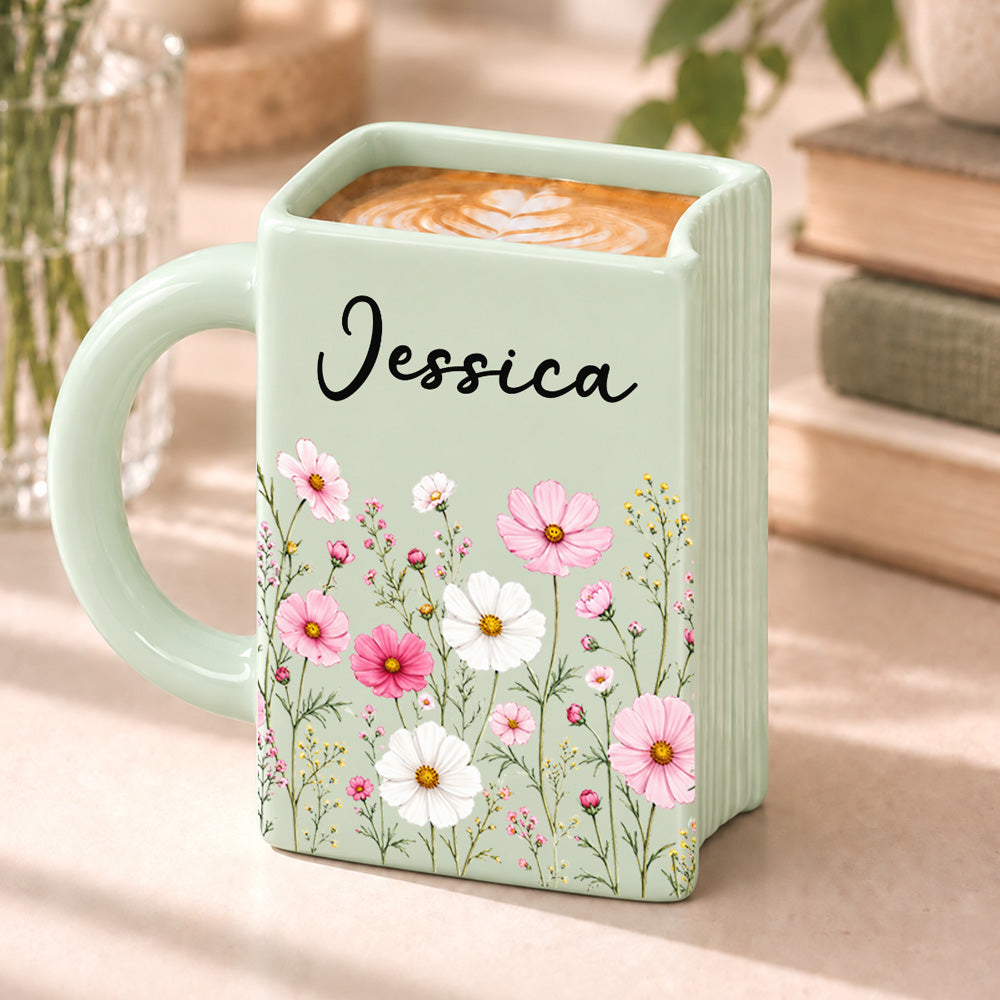 Custom Birth Flower & Name For Friends, Book Lovers, Bookworms, Readers • A Cozy Cup For Readers - Personalized Book Shaped Mug