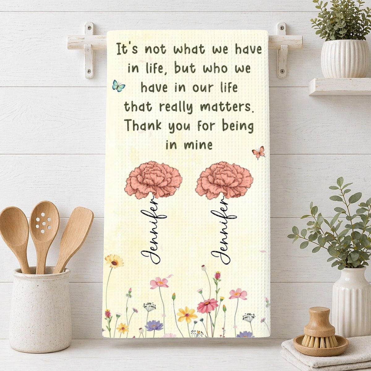 Custom Sister Kitchen Towel With Names, Birthday Christmas Gift For Sister Sibling • Thank You For Being In Mine - Personalized Kitchen Towel
