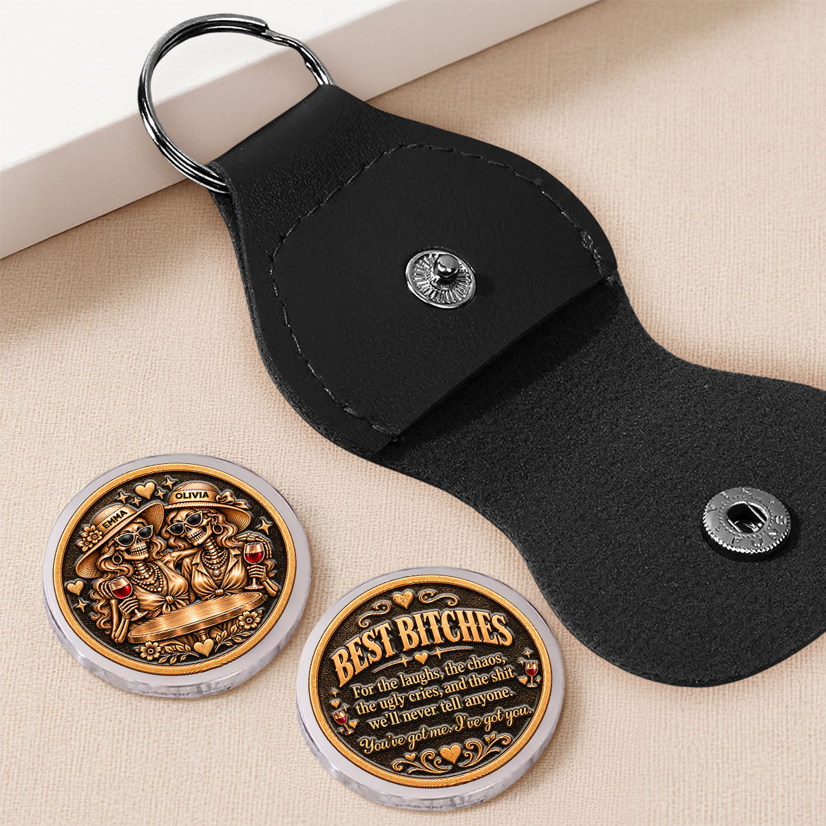 Custom Besties Coin Keychain, Friendship Birthday Gifts • Chaos Together - Personalized 3D Printing Pocket Hug
