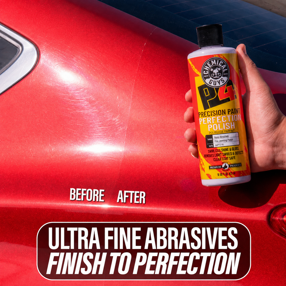 Hand holding P4 Precision Paint Perfection Polish bottle over red car hood with before and after correction result - ultra fine abrasives finish to perfection