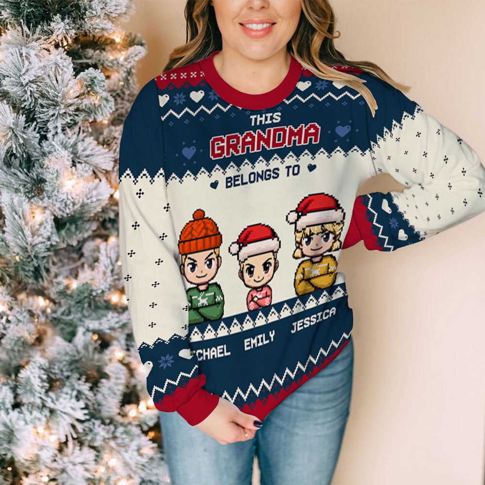 Custom Grandma Christmas Sweatshirt, Gift for Mothers • This Grandma Mom Belongs To Pixel - Personalized All-Over-Print Sweatshirt