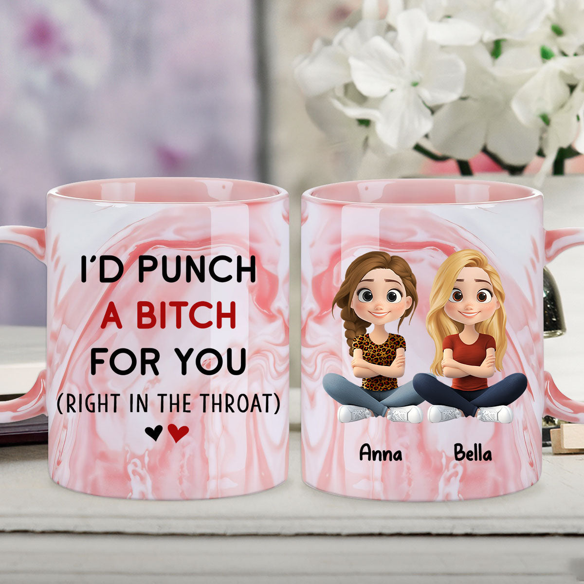 Custom Best Friend, Christmas & Birthday Friendship Keepsake Gift • Lovely Besties - Personalized Pink Marble Mug