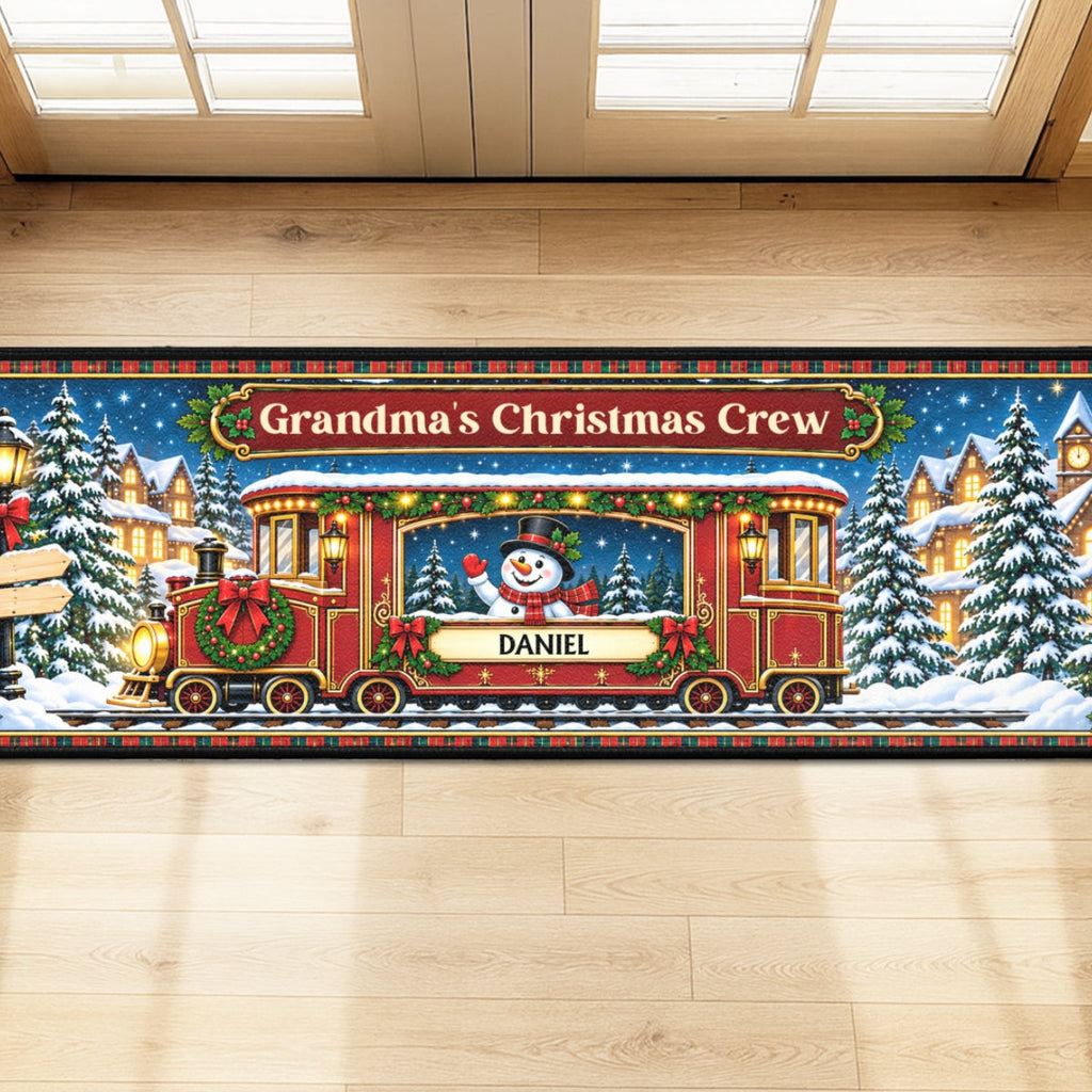 Custom Family Name Rug, Housewarming Birthday Gift For Family Members • Christmas Crew Train - Personalized Runner Rug