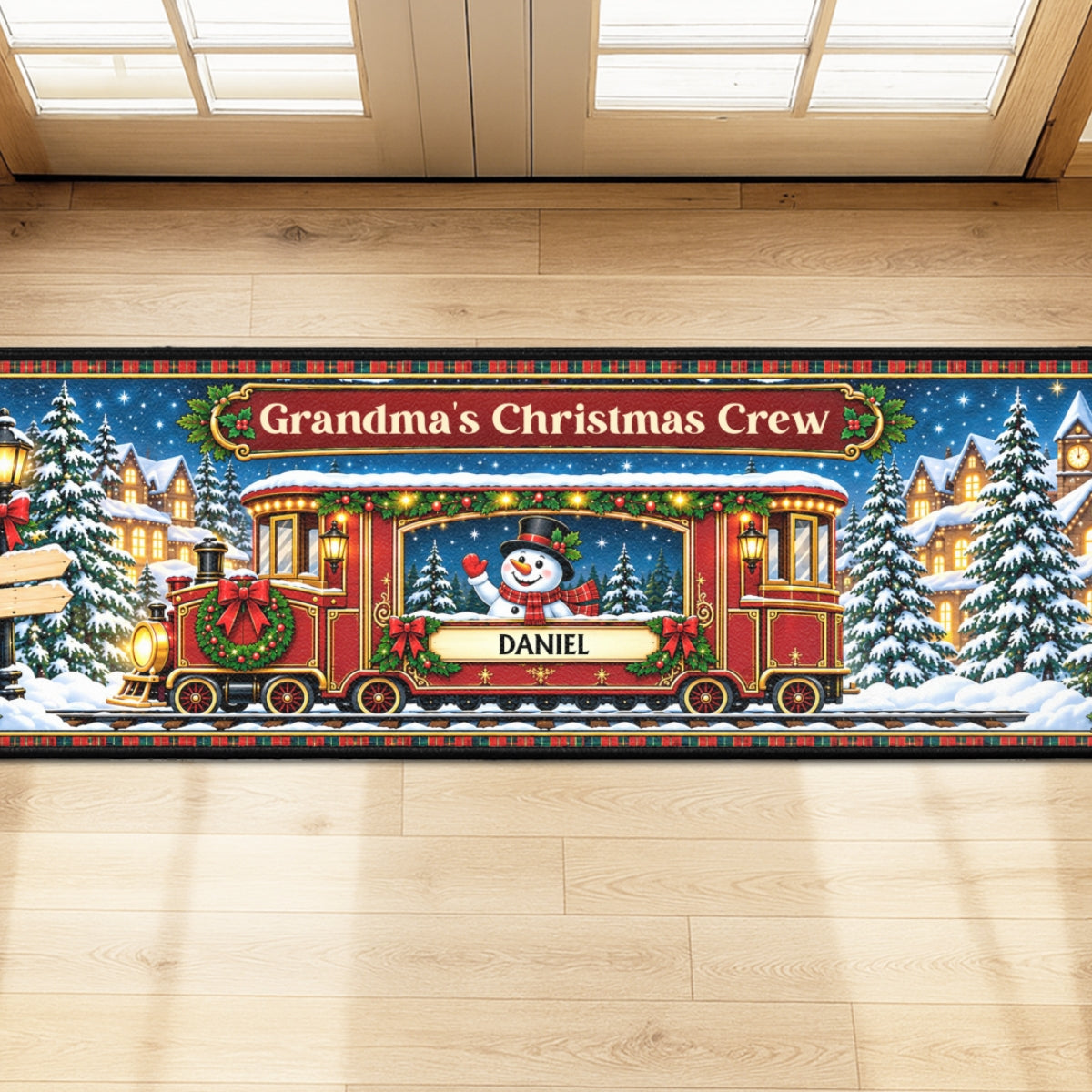 Custom Family Name Rug, Housewarming Birthday Gift For Family Members • Christmas Crew Train - Personalized Runner Rug