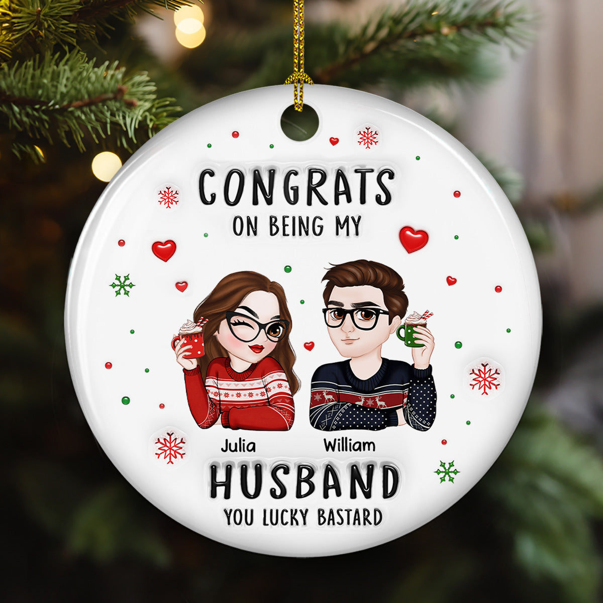 Custom Couple Christmas Ornament, Anniversary Gift •  Congrats My Husband - Personalized 3D Inflated Effect Ceramic Ornament
