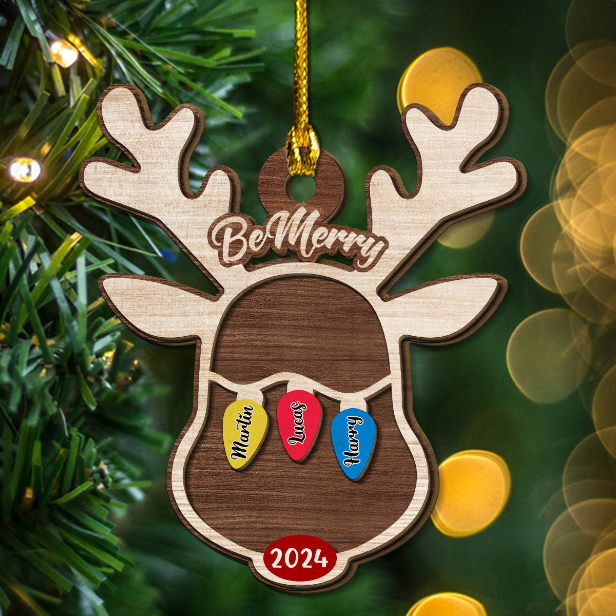 Custom Family Ornament, Christmas Gift for Family Members •  Reindeer Christmas Family Light - Personalized 2-Layered Wood Ornament