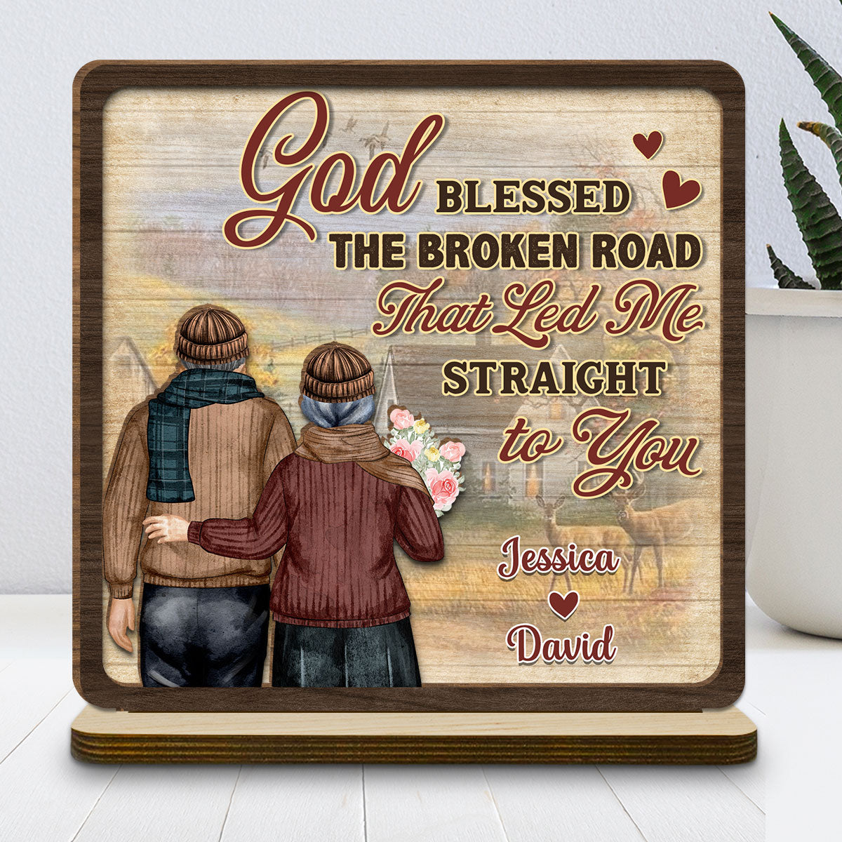 Custom Decor for Wife, Gift for Her • The Broken Road - Personalized 2-Layer Wood Plaque With Flat Base