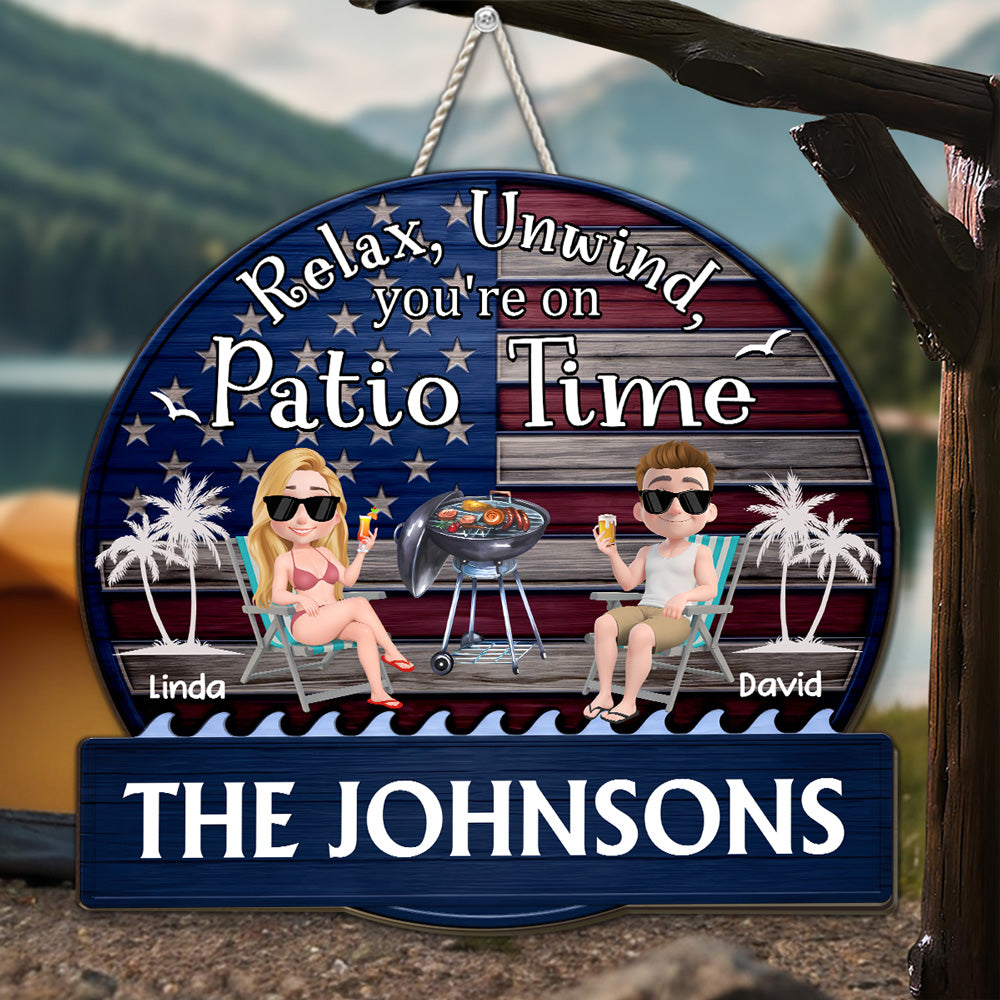 Custom Family Patriotic Hanging Decor, 4th of July • It Is Patio Time America - Personalized Wood Sign
