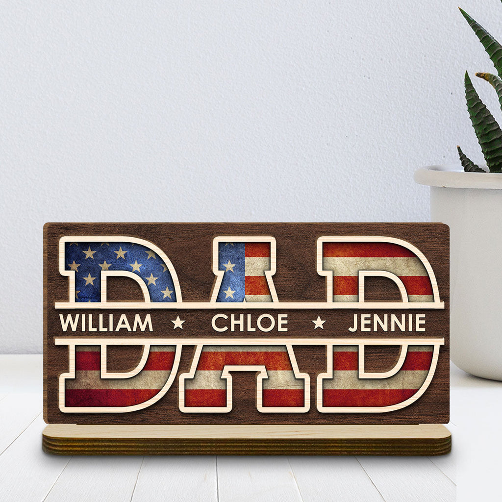 Custom Father's Day Decor, Gift for Dad & Grandpa • Dad America - Personalized 2-Layer Wood Plaque With Flat Base