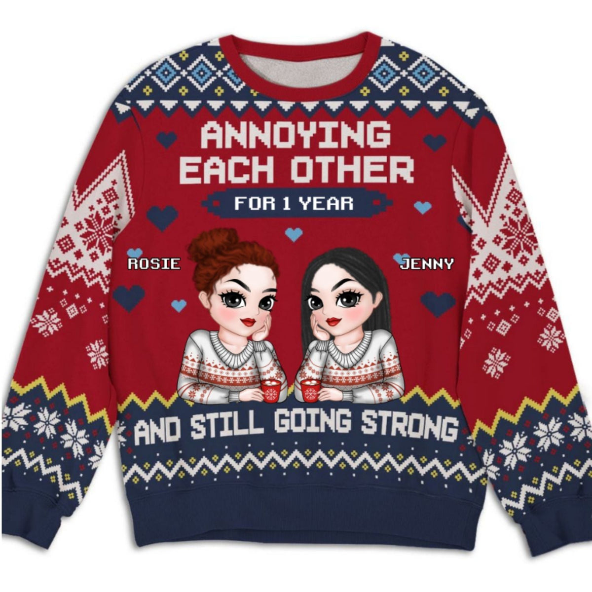 Custom Friendship Christmas Sweatshirt, Best Friend Gift • Besties Annoying Each Other - Personalized All-Over-Print Sweatshirt