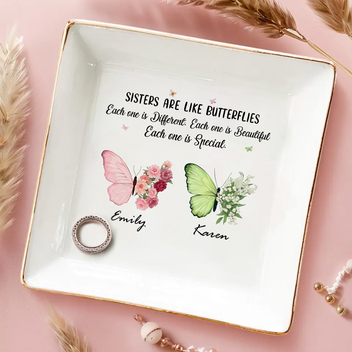 Custom Sister Trinket Dish, Birthday Christmas Gift for Sister • Butterflies Dance Sisters Shine - Personalized Jewelry Dish