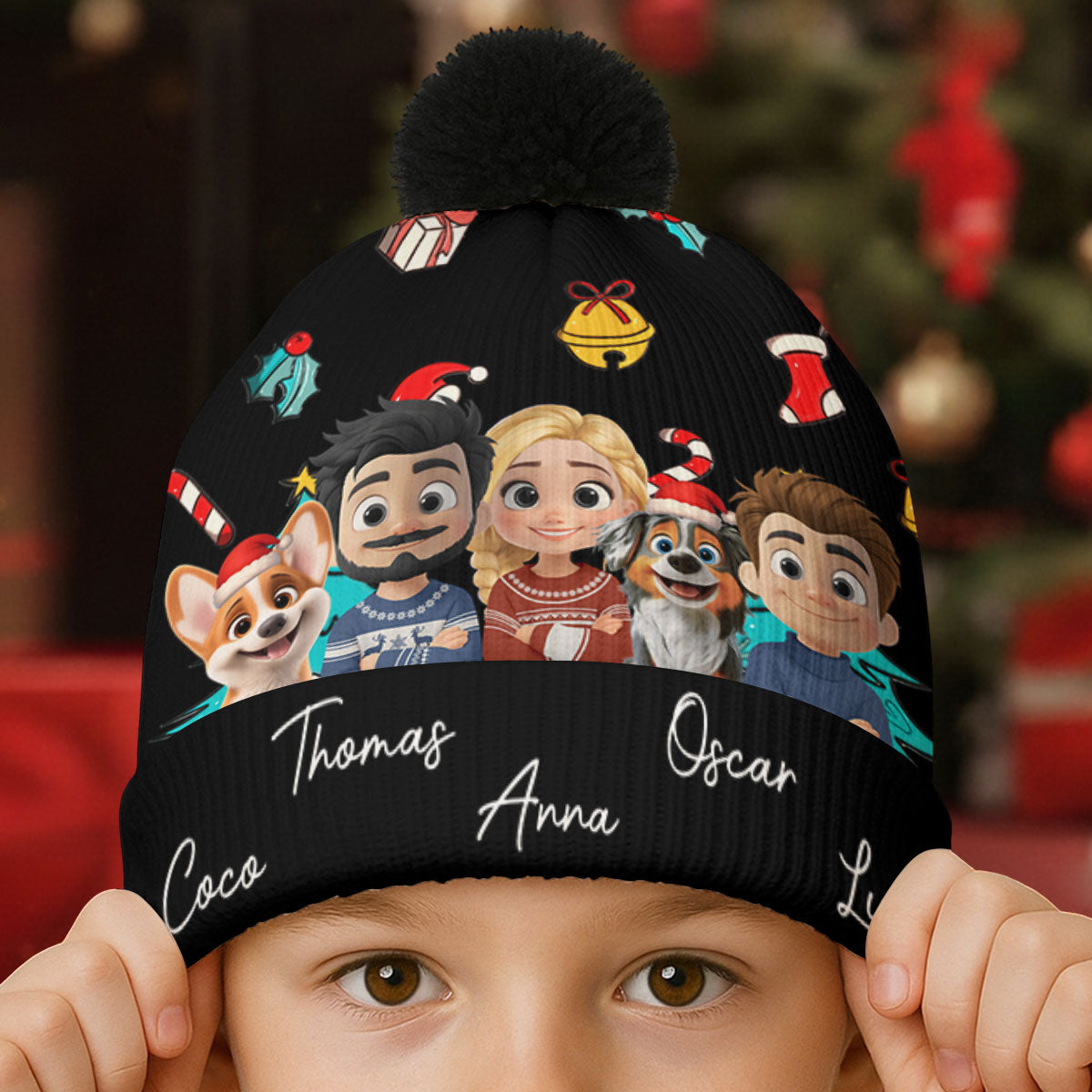 Custom Family Christmas Winter Hat • Santa Is Coming To Our Family - Personalized Bobble Beanie Hat