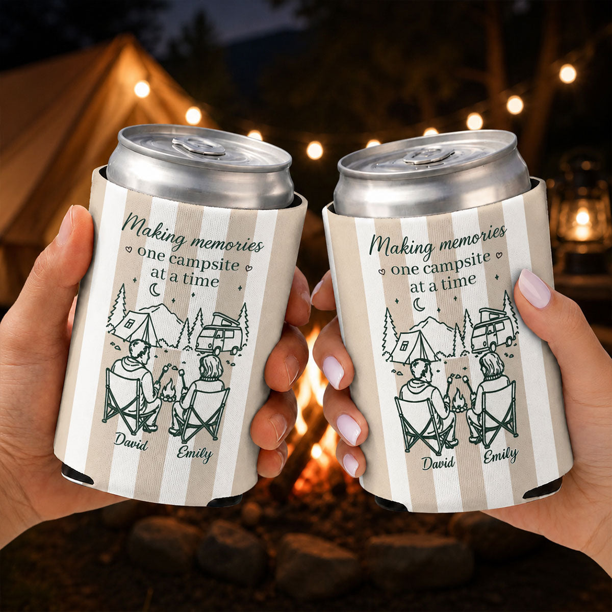 Custom Couple Skinny Can Cooler, Summer Anniversary Gift for Husband Wife, Camping Lovers • Camping Together - Personalized Skinny Can Cooler