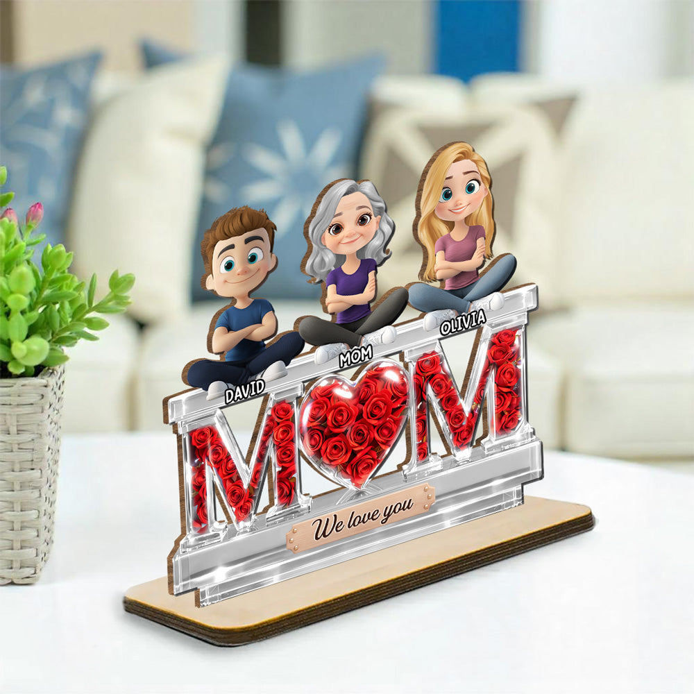 Custom Mother's Day Decor, Gift for Mom & Grandma • Flowers For Mommy - Personalized 2-Layer Wood Plaque With Flat Base