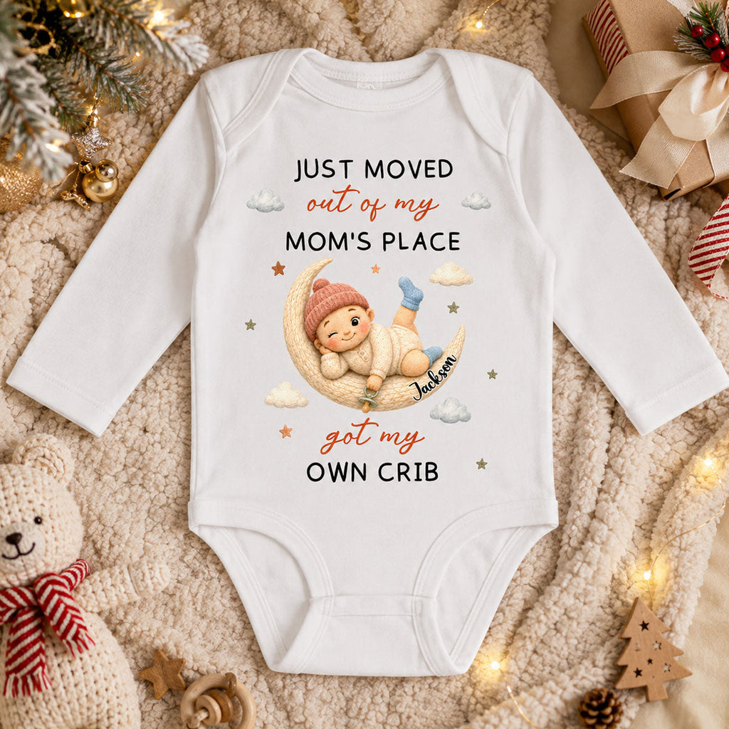 Just Moved Out Of My Mom Place - Personalized Long Sleeve Baby Onesie