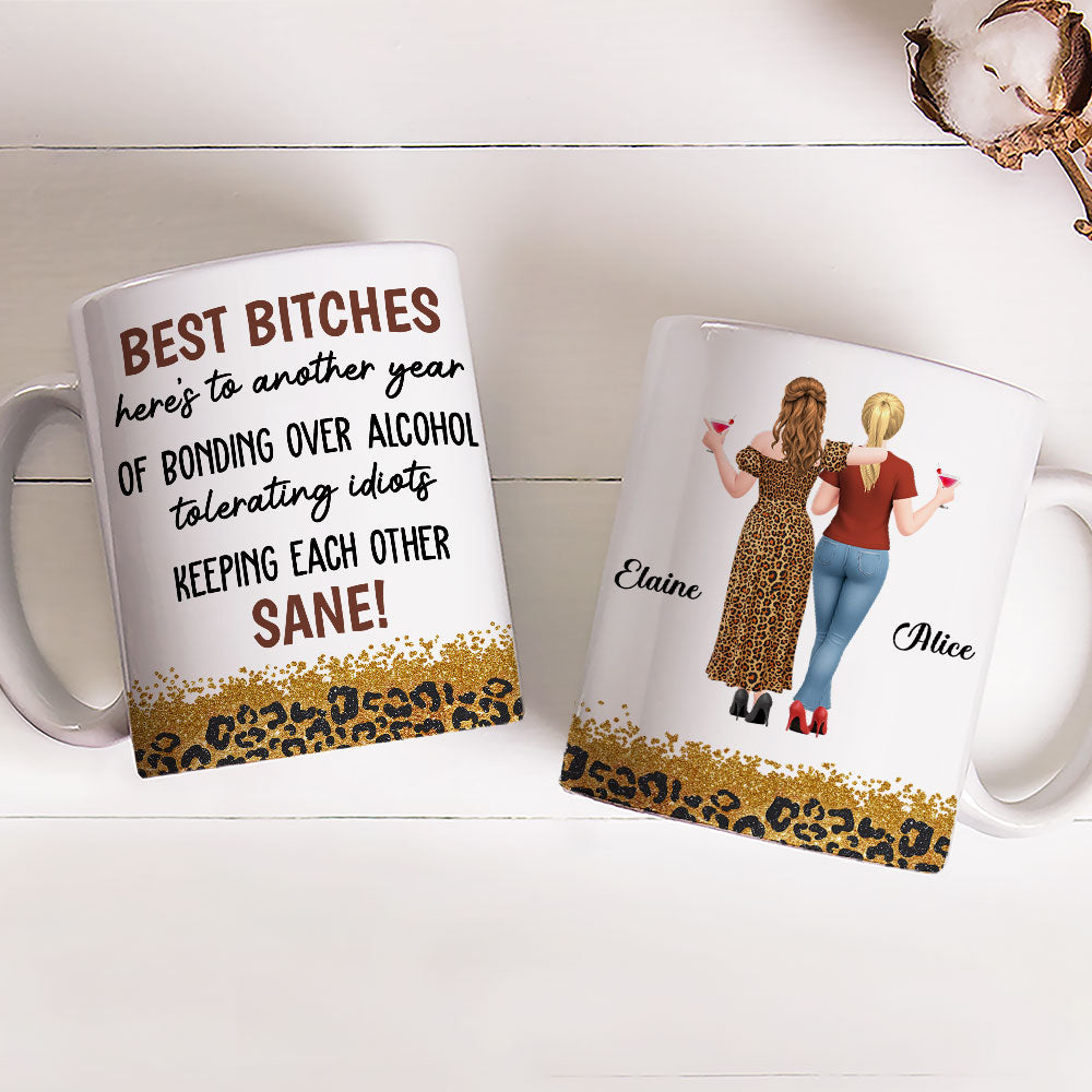 Custom Best Friend, Christmas & Birthday Friendship Keepsake Gift • Bonding Over Alcohol Tolerating Idiots - Personalized Coffee Mug