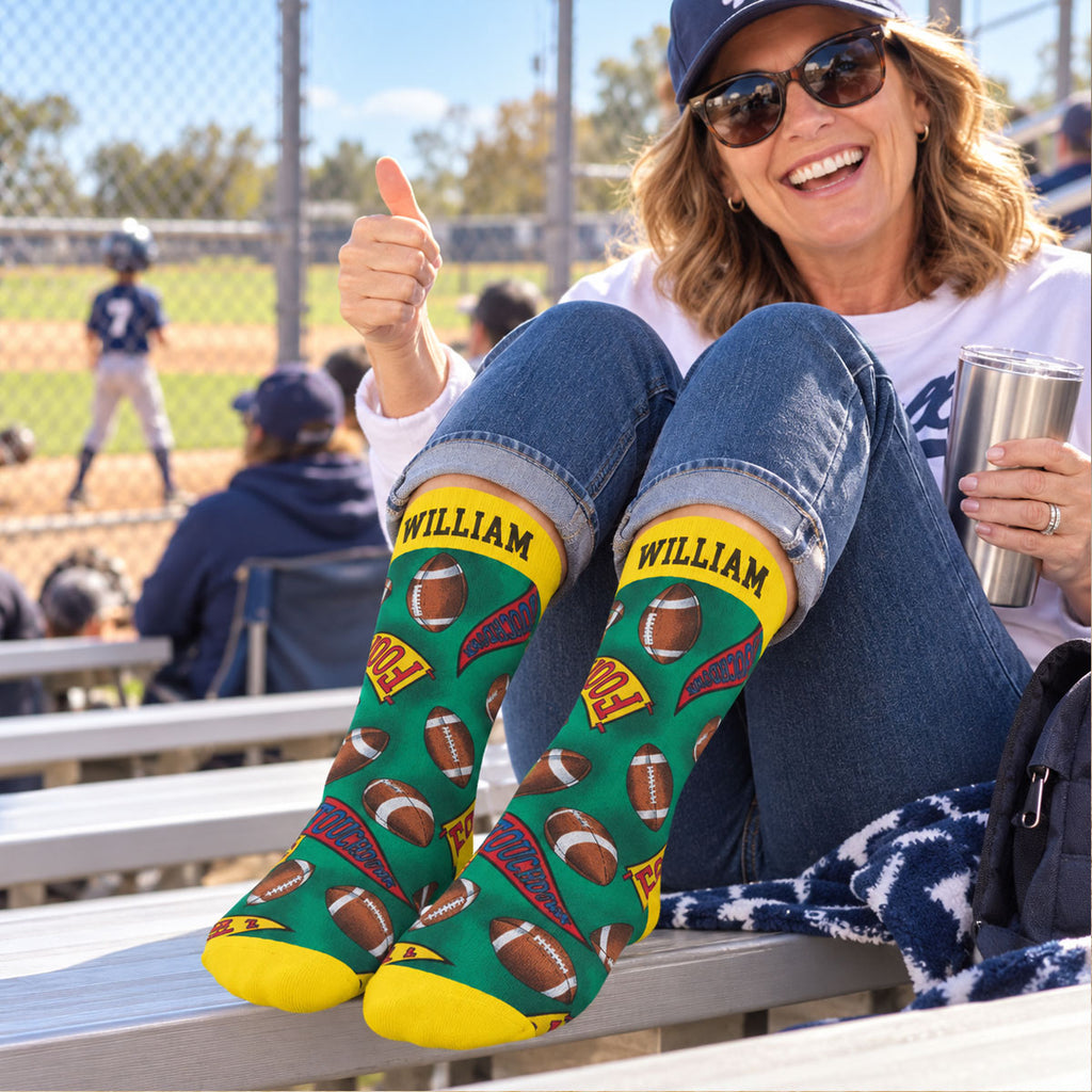 Custom Name Football Fan Footwear, Game Day Christmas Gift • Game Day Vibes - Personalized Crew Socks