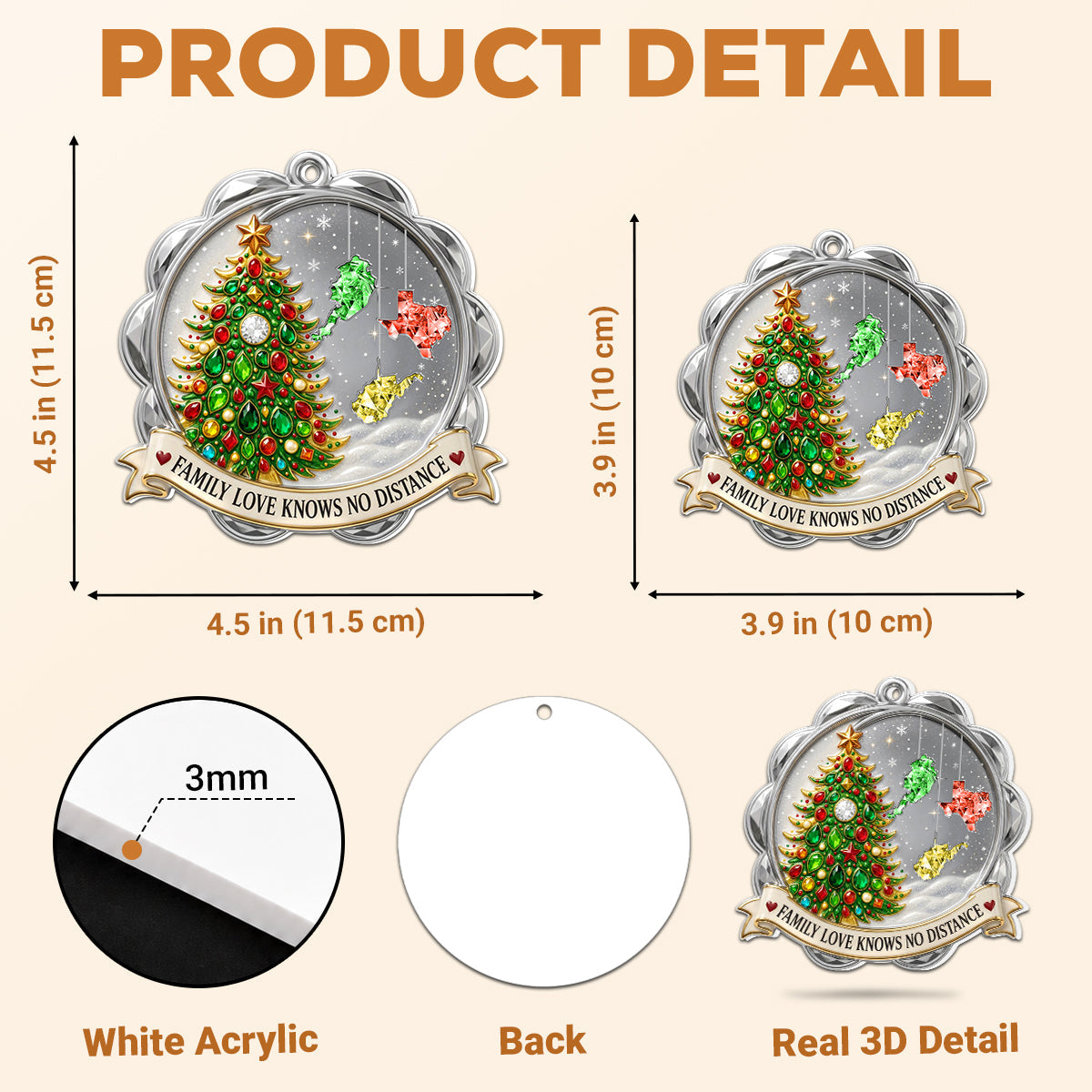 Custom Family Christmas Ornament for Long Distance Families •  No Distance Can Separate - Personalized 3D White Acrylic Ornament