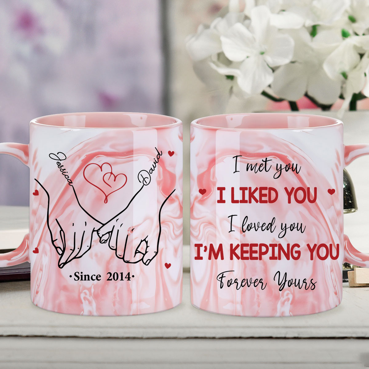 Custom Anniversary Keepsake Gifts For Couple • I'm Keeping You Forever Yours - Personalized Pink Marble Mug