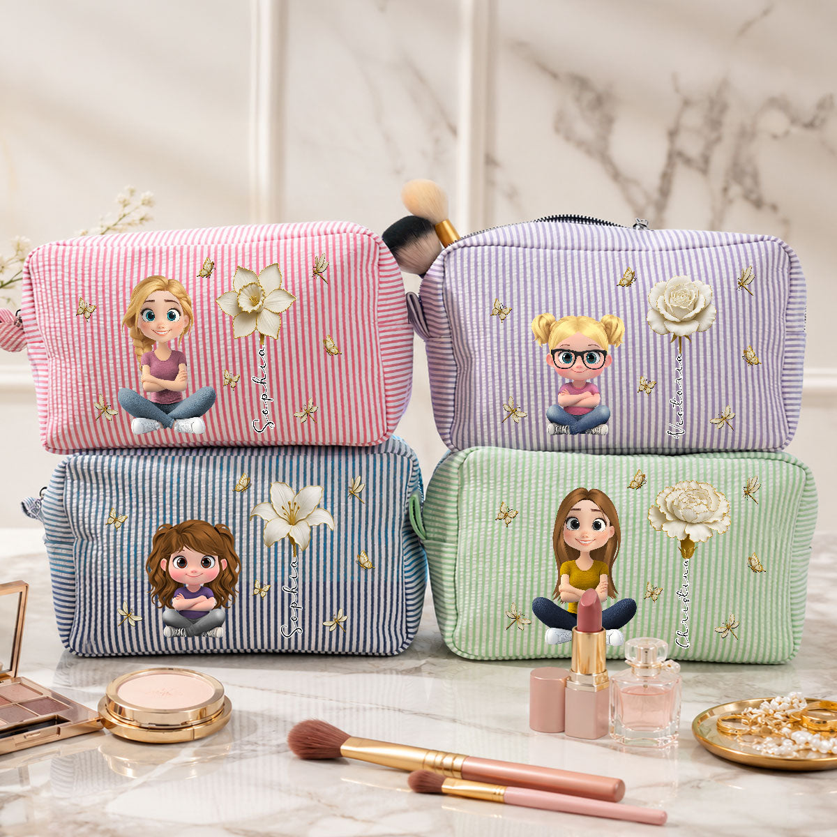 Custom Birth Flower, Name Birthday Gift For Her, Friends, Daughter • Floral Soul - Personalized Seersucker Print Makeup Bag
