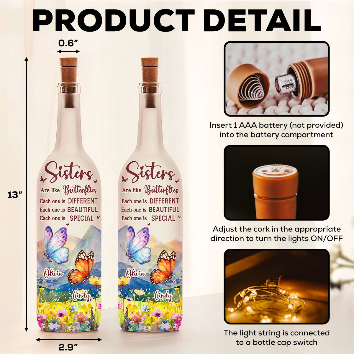 Sisters Are Like Butterflies - Personalized Bottle Lamp