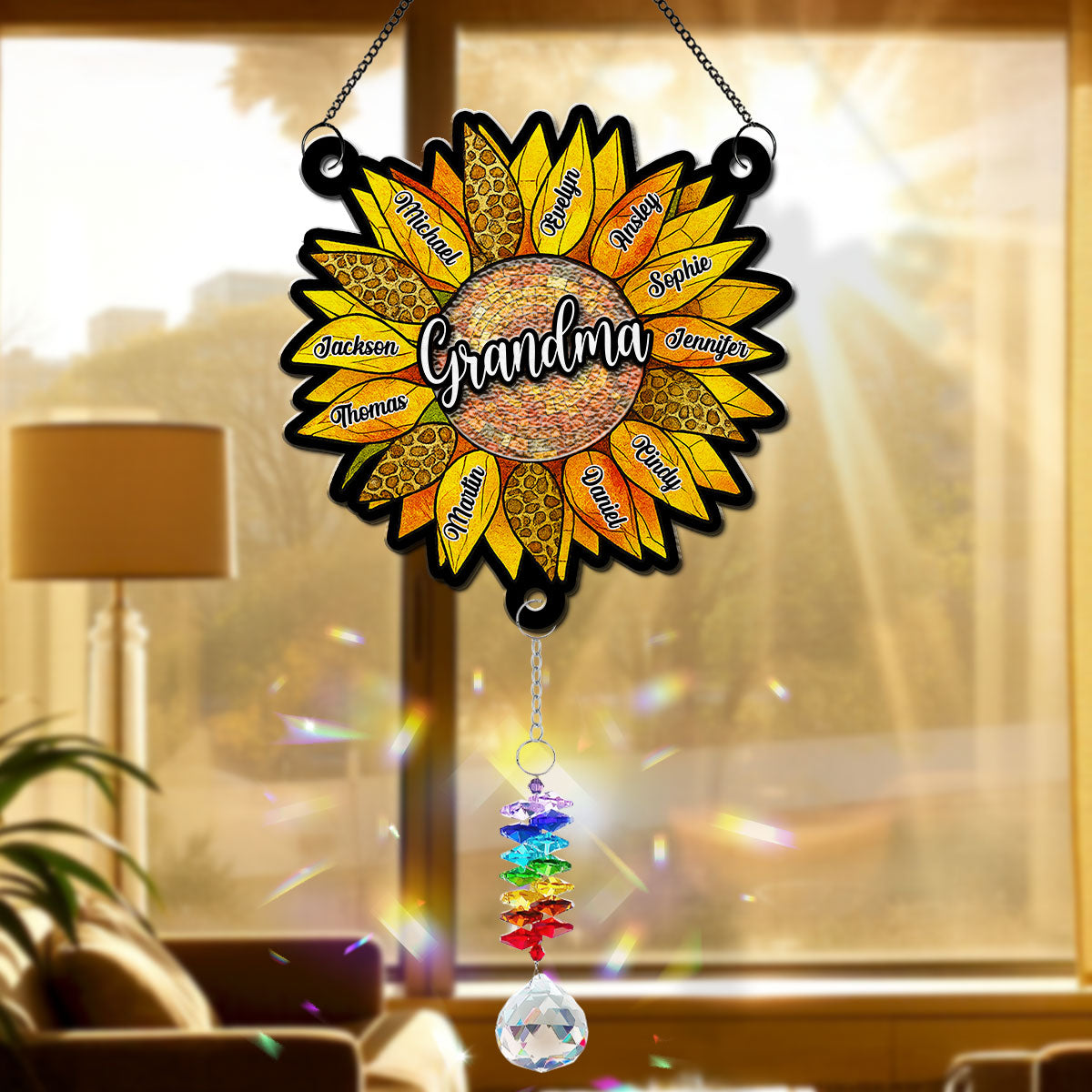 Custom Name Grandma Hanging Decor, Mother's Day Birthday Gifts • Beautiful Sunflower Grandma - Personalized Suncatcher With Crystal Rainbow Charm
