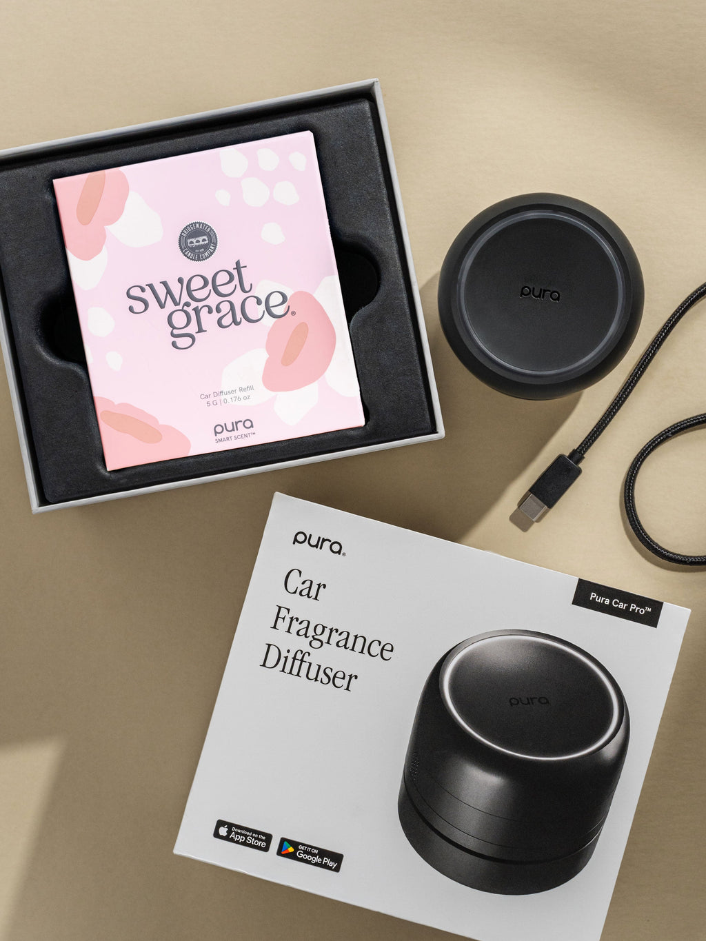 Pura Car Pro diffuser, Sweet Grace car fragrance, and packaging on a beige background