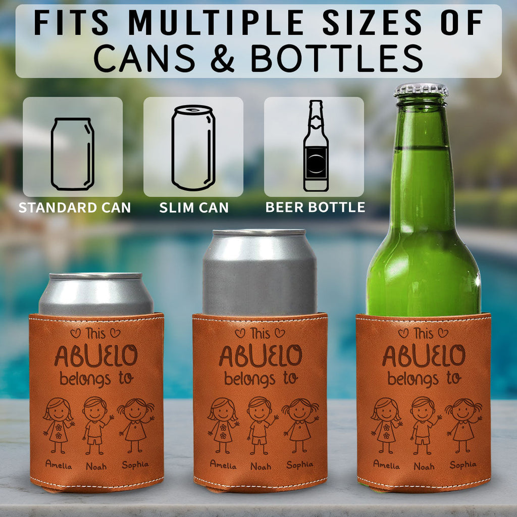 This Grandpa Belongs To Us - Personalized Engraved Leather Can Cooler Holder
