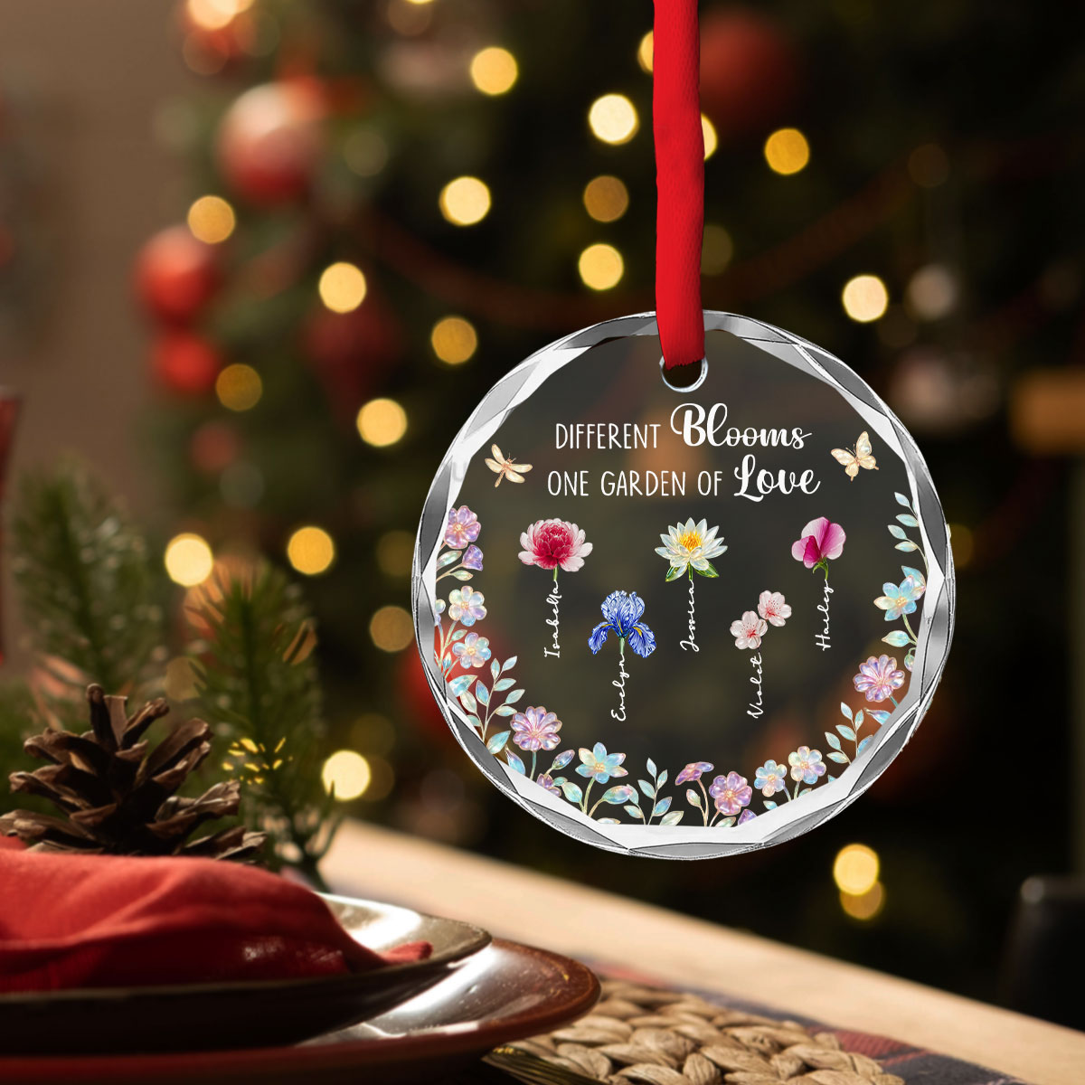 Custom Sister Christmas Ornament •  Different Blooms - Personalized Glass Ornament