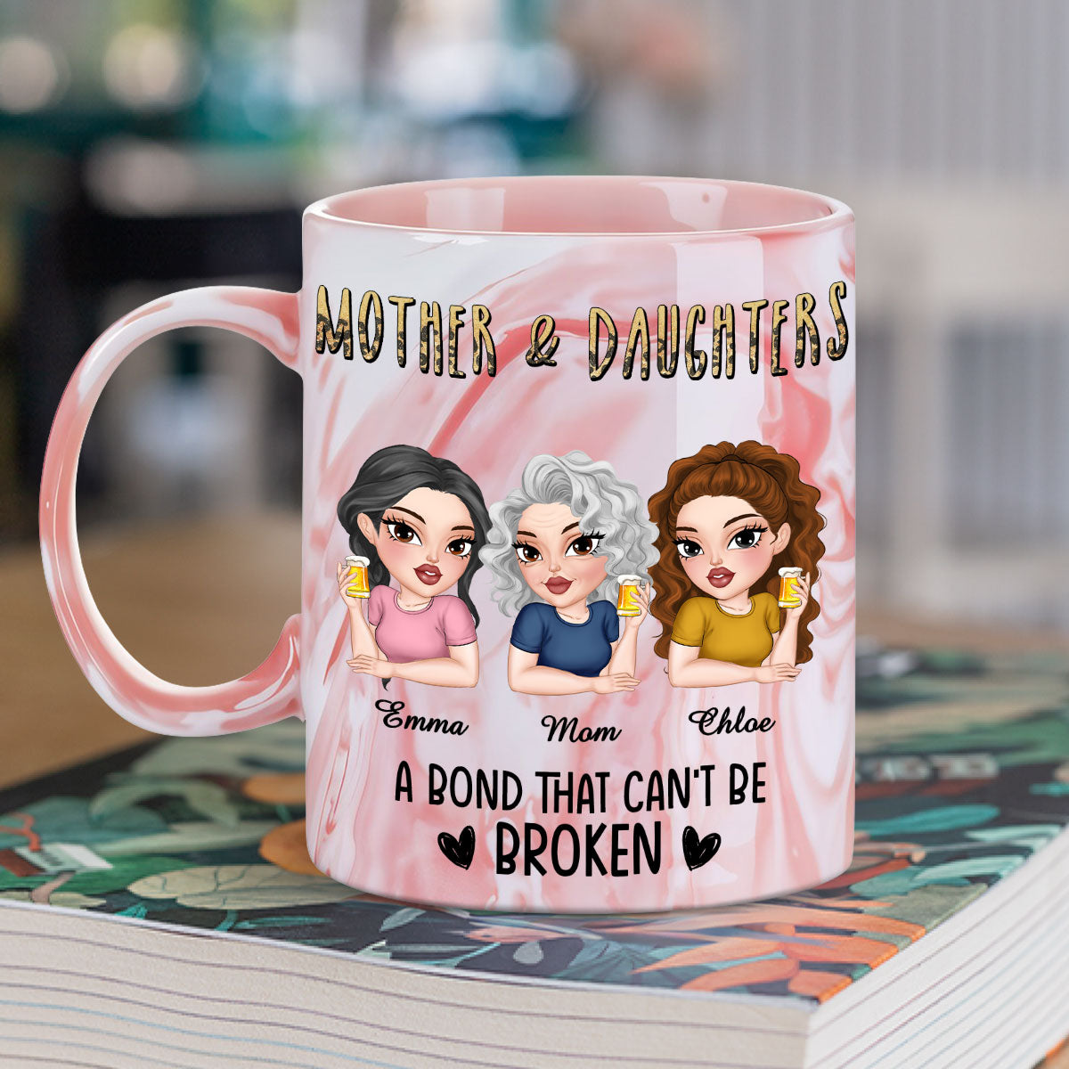 Custom Mother's Day Gift for Mom & Grandma • A Bond That Can't Be Broken - Personalized Pink Marble Mug
