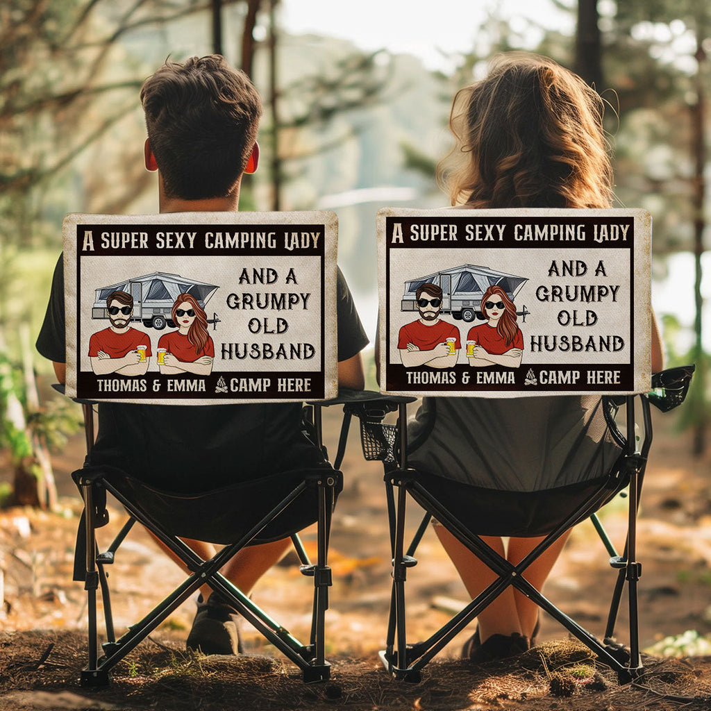 Sexy Camping Lady And Grumpy Old Husband - Personalized Camping Chair Cover