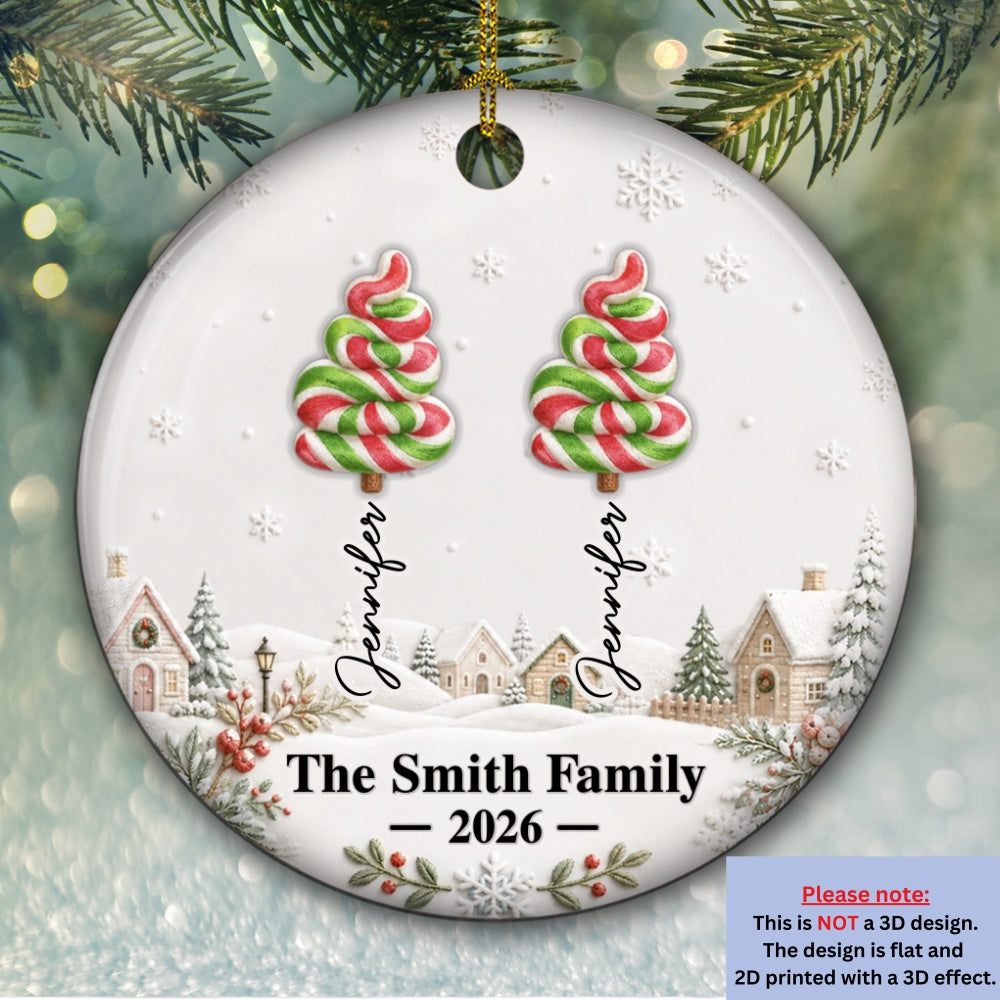 Custom Family Ornament, Christmas Gift for Family Members •  Candy Christmas Tree 2026 - Personalized 3D Inflated Effect Ceramic Ornament