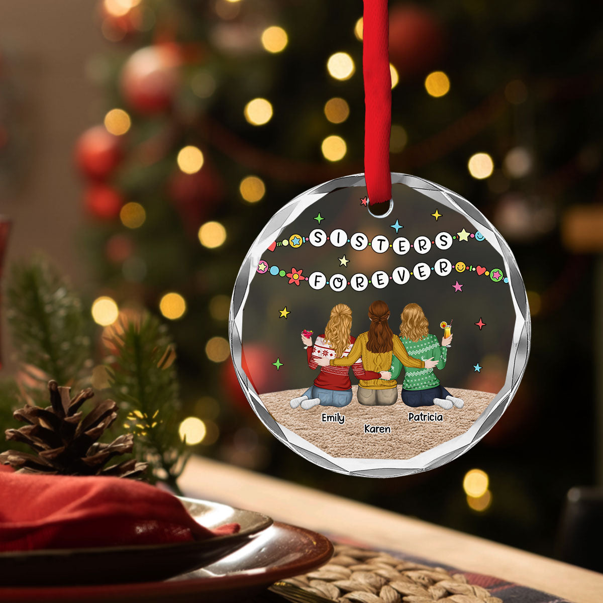 Custom Sister Christmas Ornament •  Sisters Sitting Colorful - Personalized Glass Ornament