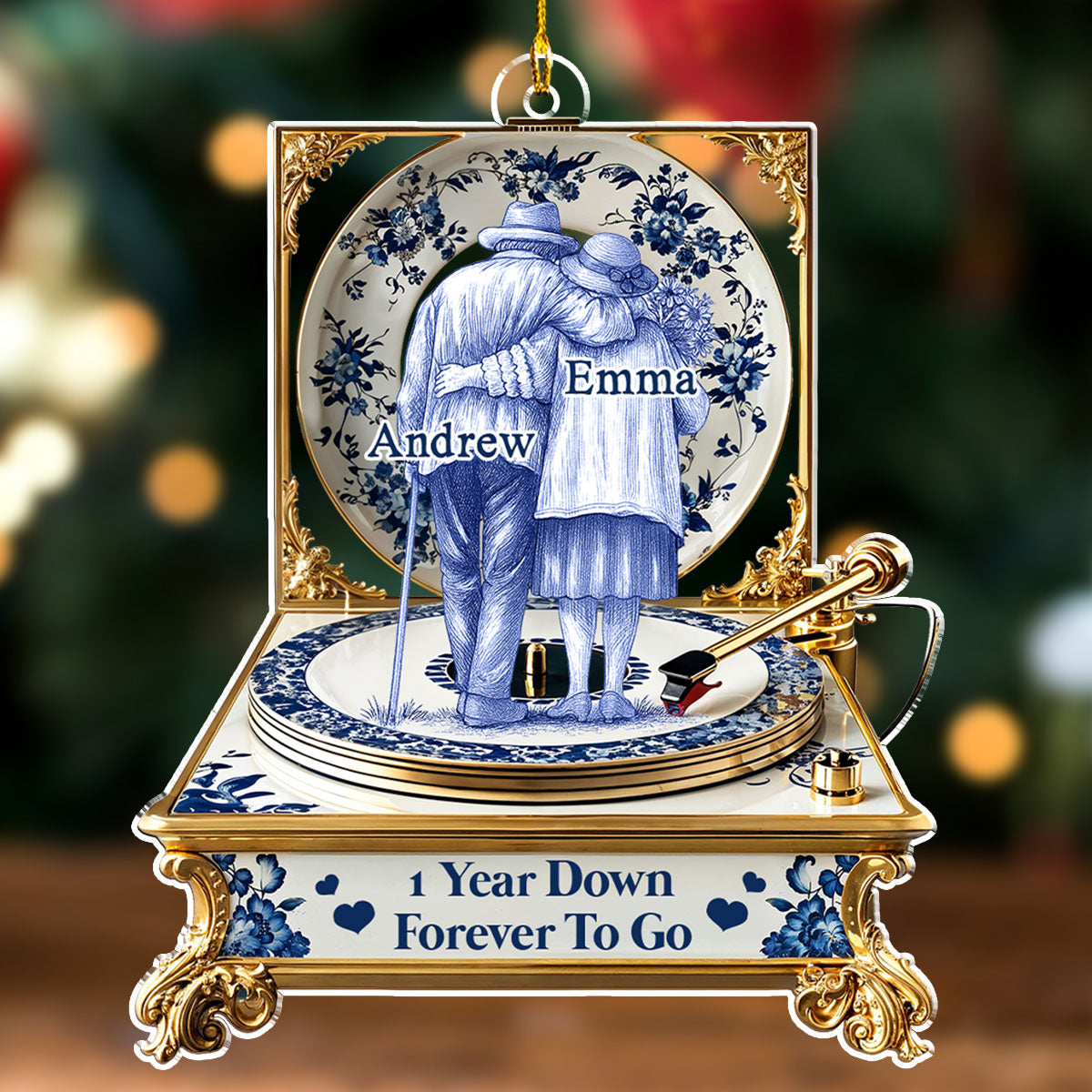 Custom Couple Christmas Ornament, Anniversary Gift •  Love In Blue Toile - Personalized Acrylic Ornament