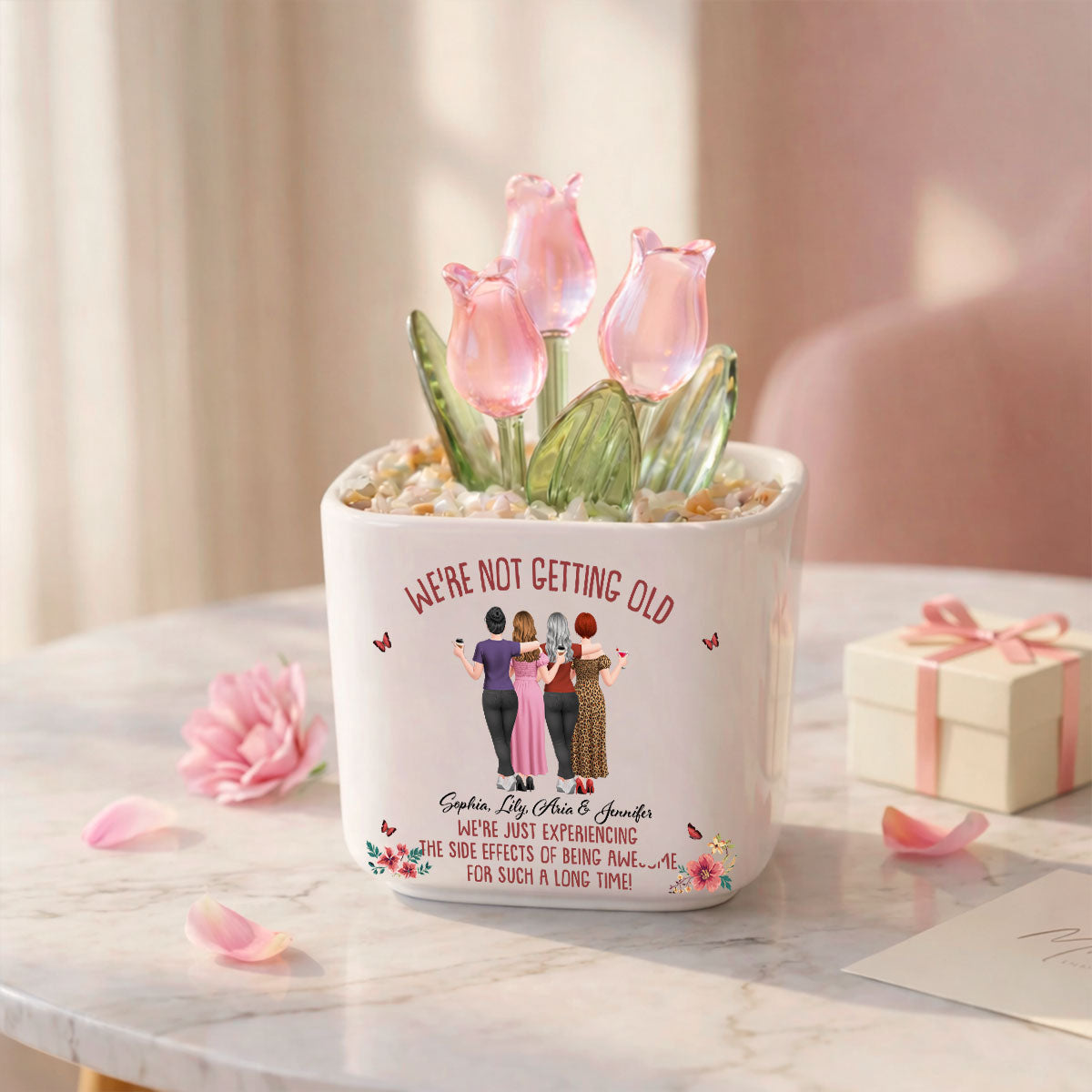 Custom Flower Keepsake, Glass Home Decor Gift for Best Friend • We Are Not Getting Old - Personalized Glass Everlasting Tulips