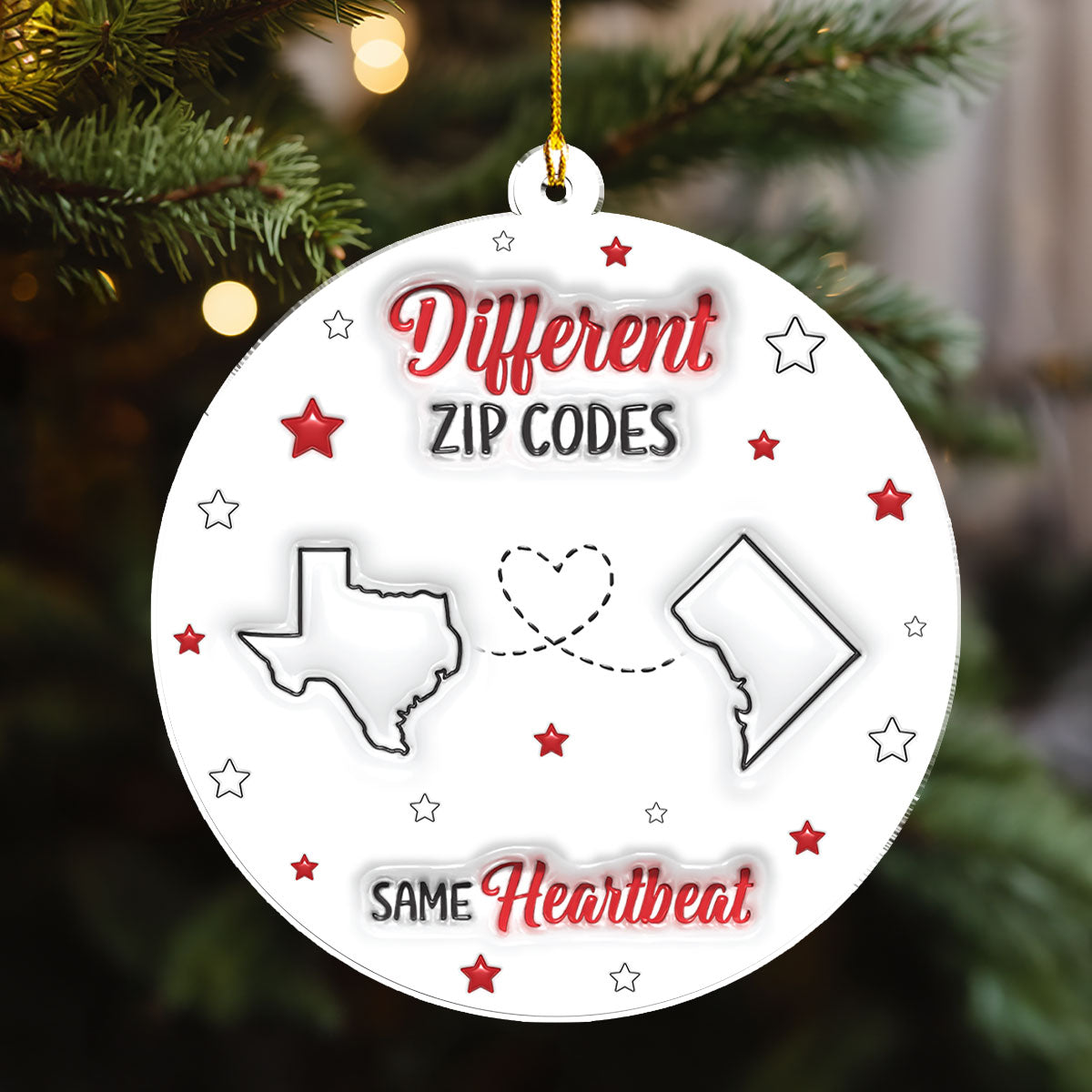 Custom Family Christmas Ornament for Long Distance Families •  Long Distance But Same Heartbeat - Personalized 3D Inflated Effect Acrylic Ornament