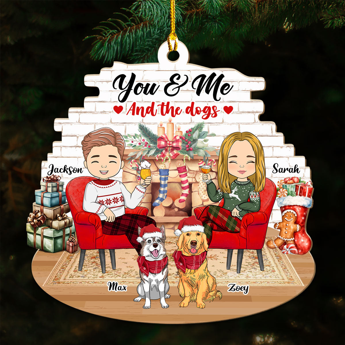 Custom Couple Christmas Ornament, Anniversary Gift •  Couple And Dogs - Personalized Wood Ornament
