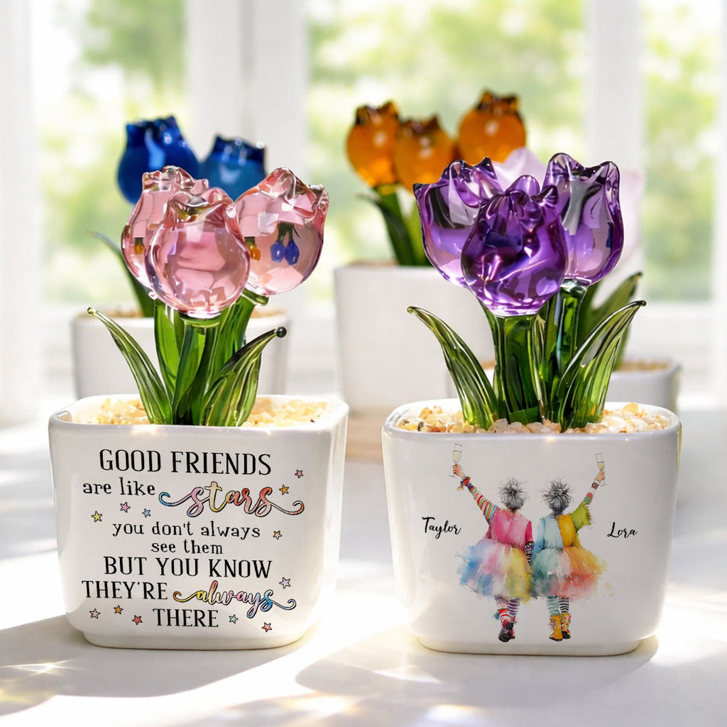 Custom Flower Keepsake, Glass Home Decor Gift for Best Friend • Friends Are Like Stars - Personalized Glass Everlasting Tulips