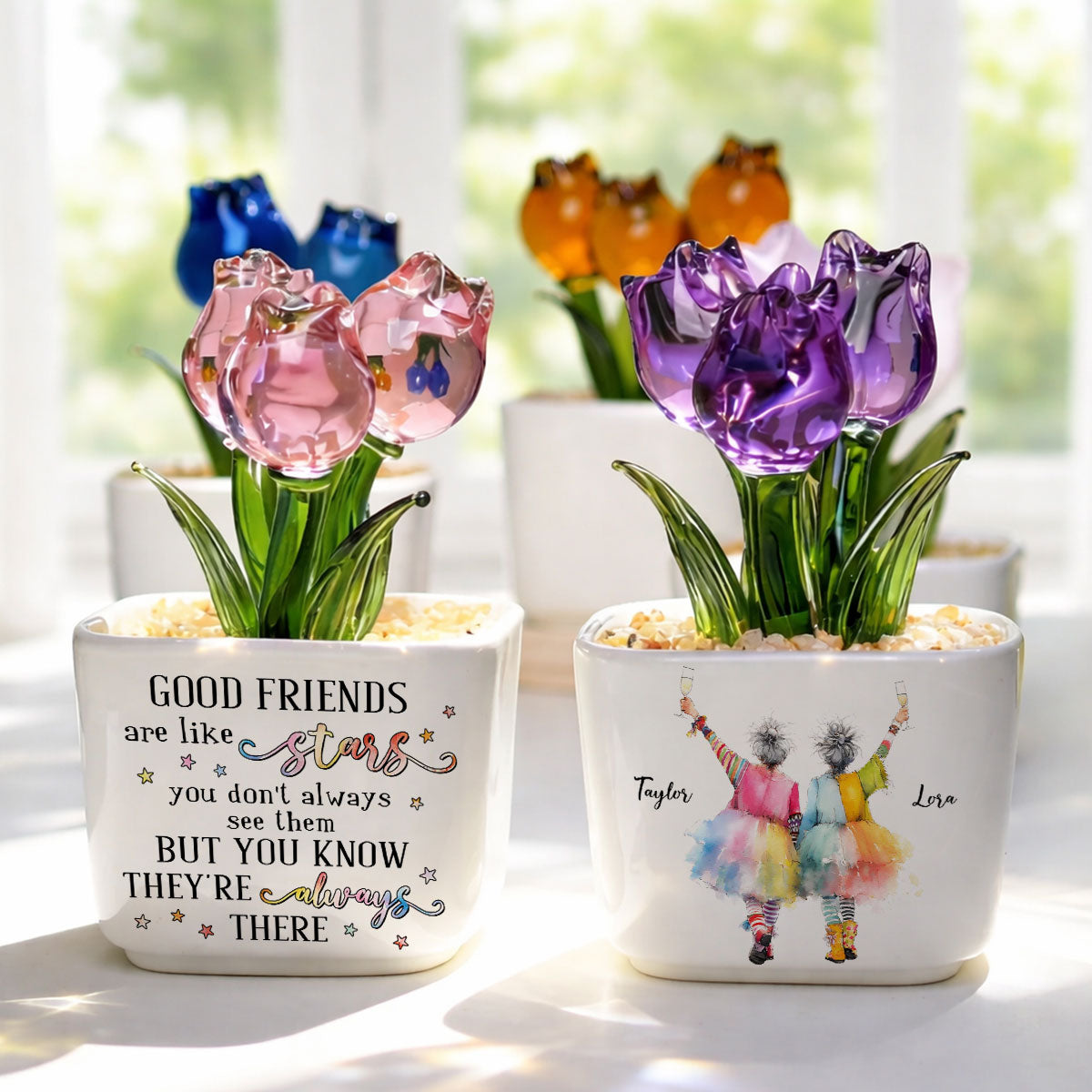 Custom Flower Keepsake, Glass Home Decor Gift for Best Friend • Friends Are Like Stars - Personalized Glass Everlasting Tulips