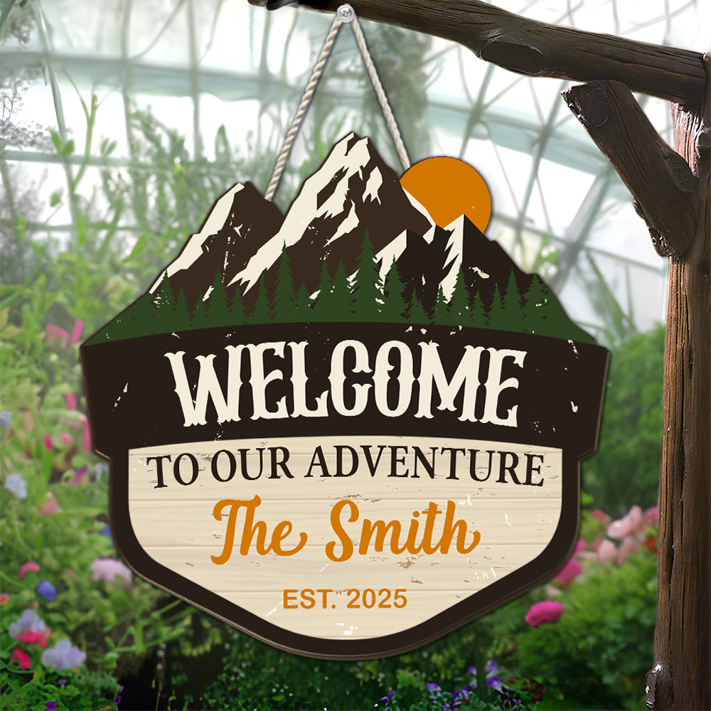Custom Family Summer Backyard, Patio & Porch Decor • Welcome To Our Adventure - Personalized Wood Sign