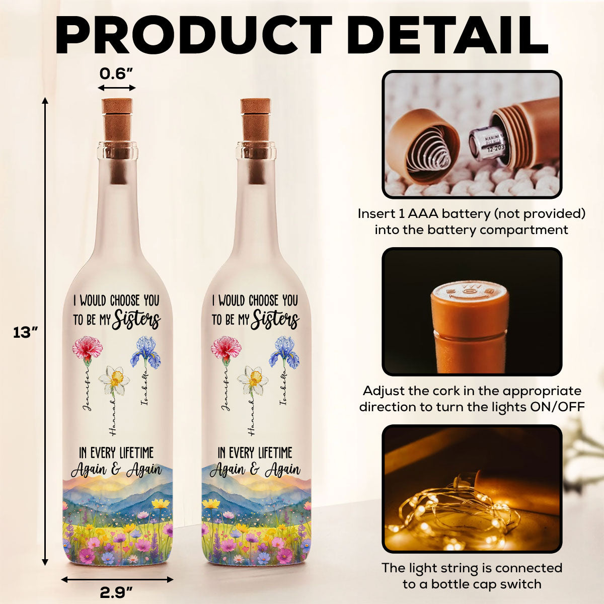 Always Choose You My Sisters - Personalized Bottle Lamp