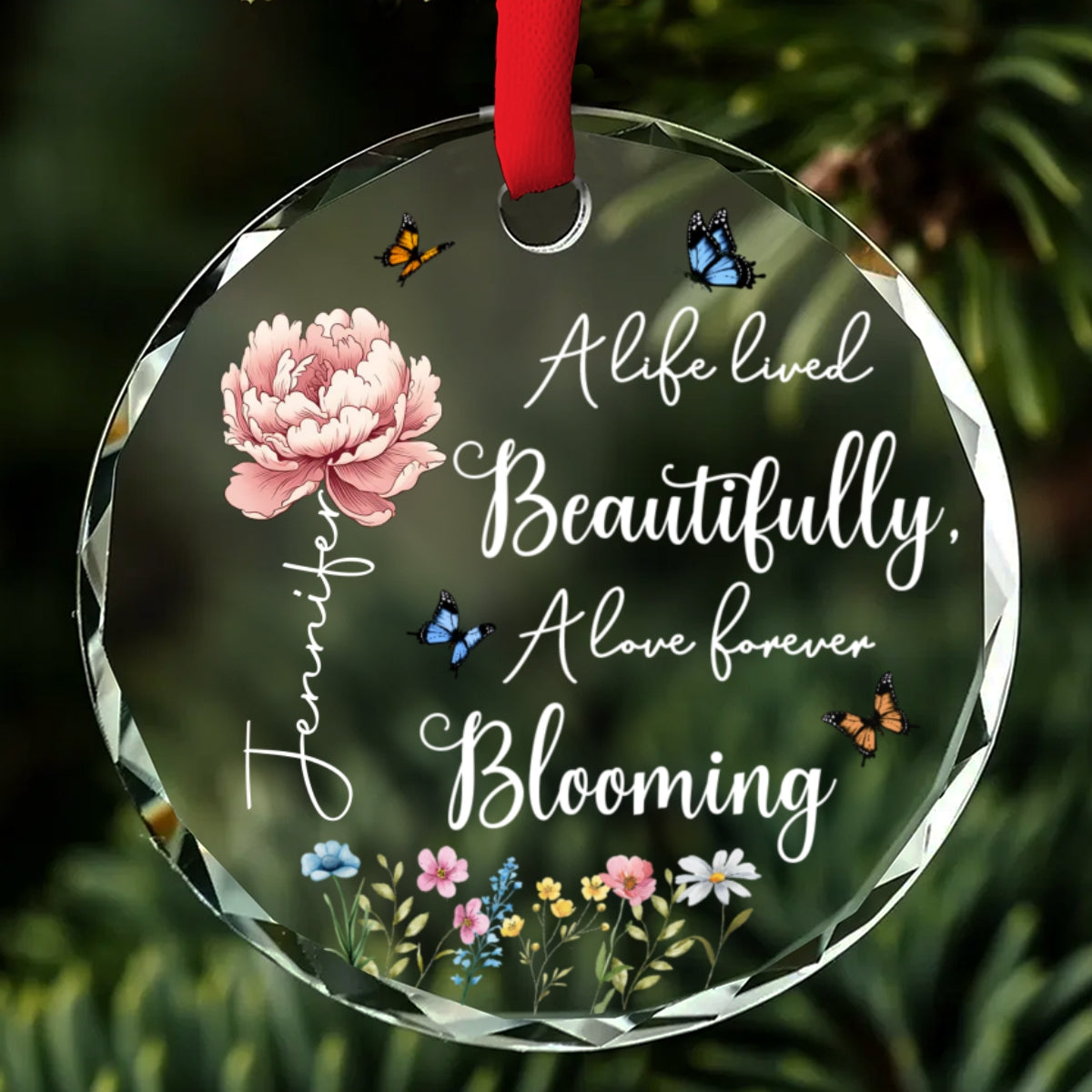 Custom Keepsake Christmas Ornament •  Forever Blooming In Memories - Personalized Glass Ornament