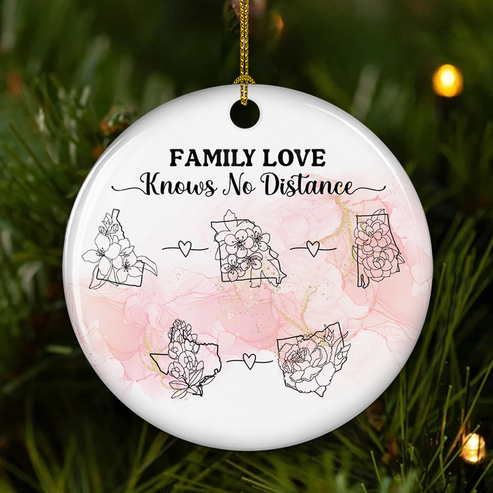 Custom Family Christmas Ornament for Long Distance Families •  Family Love Knows No Distance Floral Version - Personalized Circle Ceramic Ornament