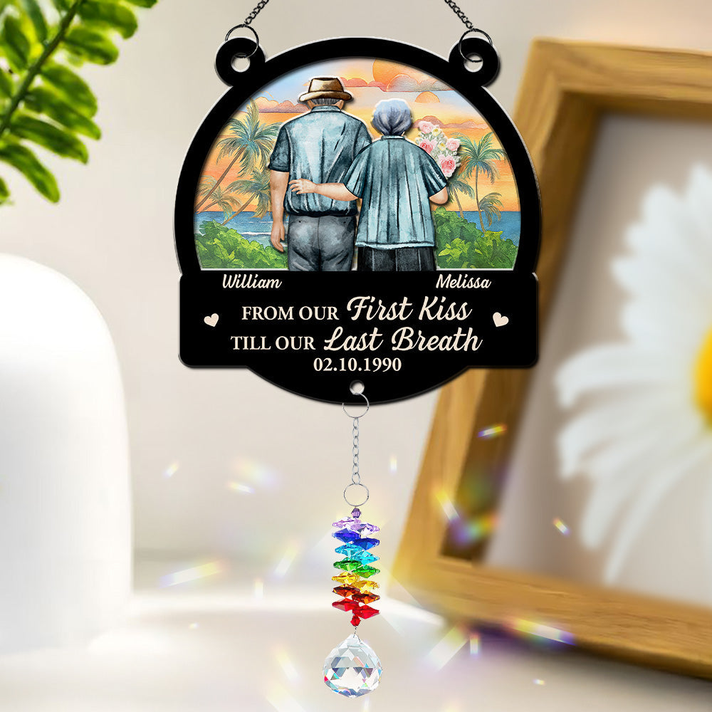 Custom Couple Hanging Decor, Anniversary Valentine's Day Gifts • From Our First Kiss - Personalized Suncatcher With Crystal Rainbow Charm