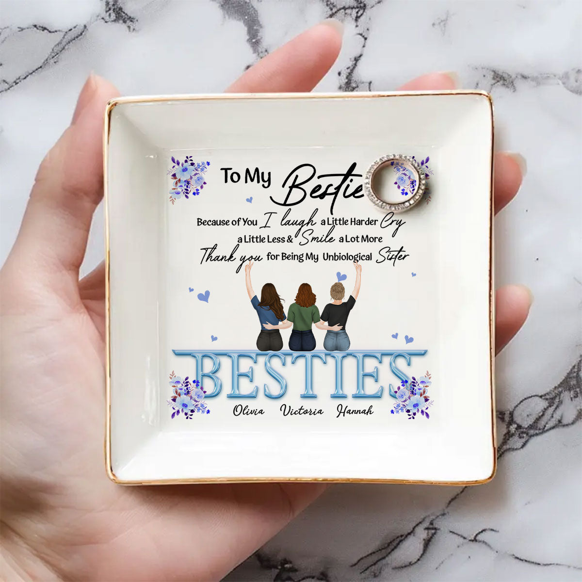 Custom Bestie Trinket Dish, Birthday Christmas Gift For Best Friend • Thank You I Laugh More Cry Less - Personalized Jewelry Dish