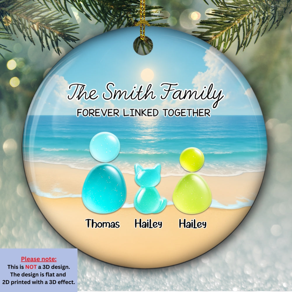 Custom Family Ornament, Christmas Gift for Family Members •  Sea Glass Family With Pet - Personalized 3D Inflated Effect Ceramic Ornament
