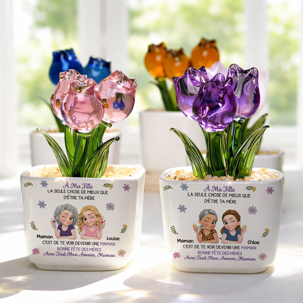 Custom Mother's Day Flower Keepsake, Glass Home Decor Gift for Daughter • Liés Ensemble Dessin Animé - Tulipes Éternelles Personnalisées En Verre