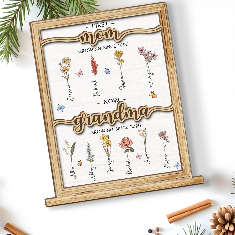 Custom Family Decor, Christmas Birthday Family Keepsake • First Mom Now Grandma - Personalized 2-Layer Wood Plaque With Flat Base