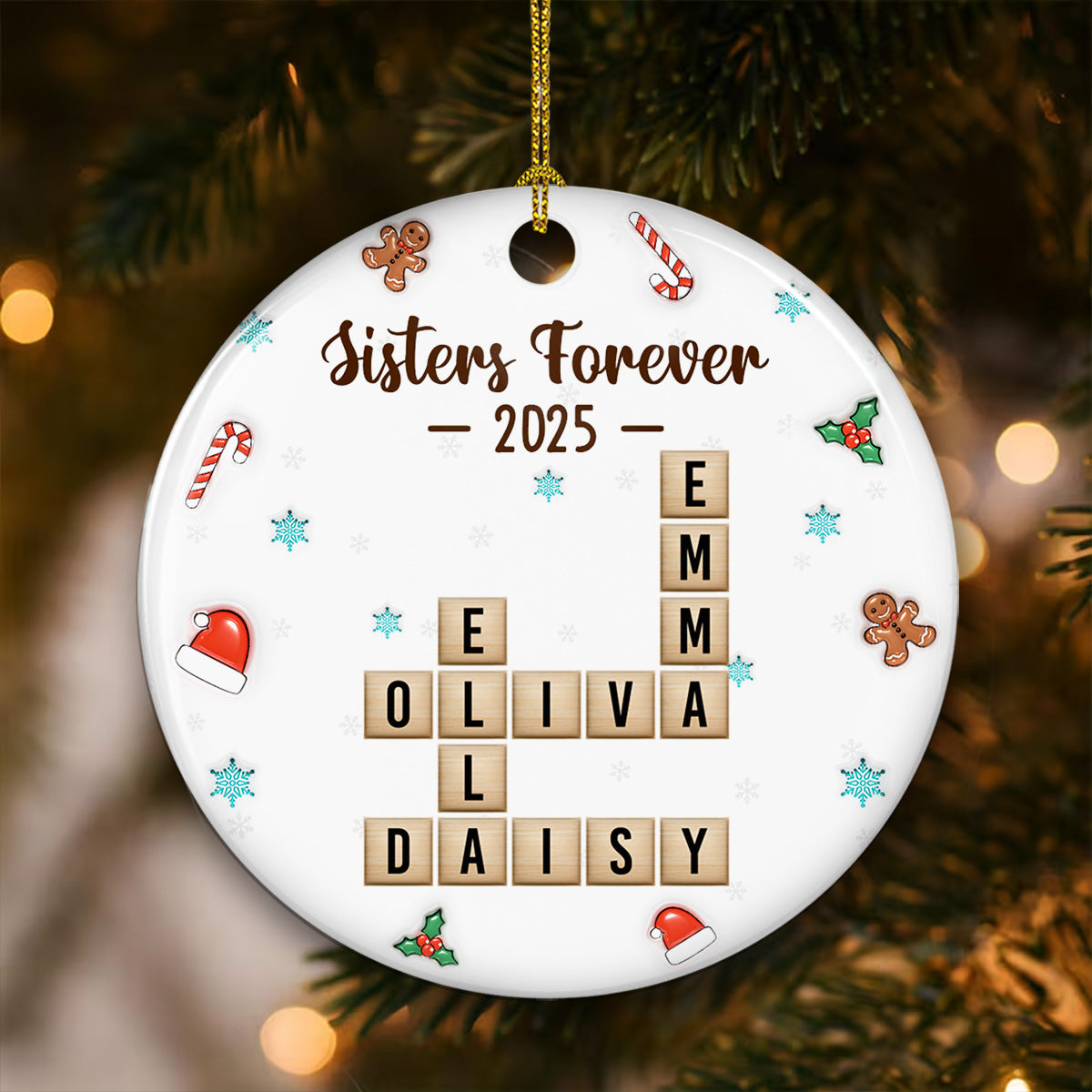 Custom Brothers & Sisters Christmas Ornament •  Siblings Forever Christmas Crossword - Personalized 3D Effect Ceramic Ornament