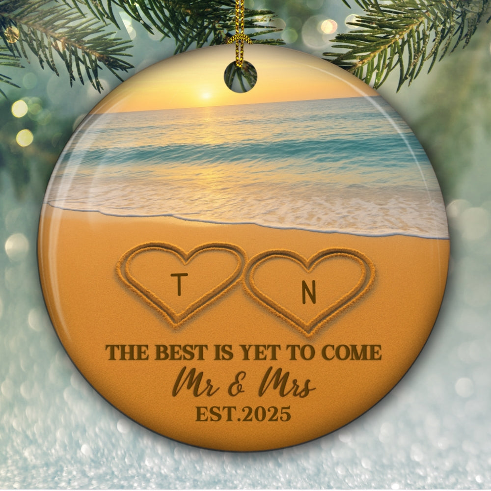 Custom Couple Christmas Ornament, Anniversary Gift •  Writing On Sand - Personalized Ceramic Ornament